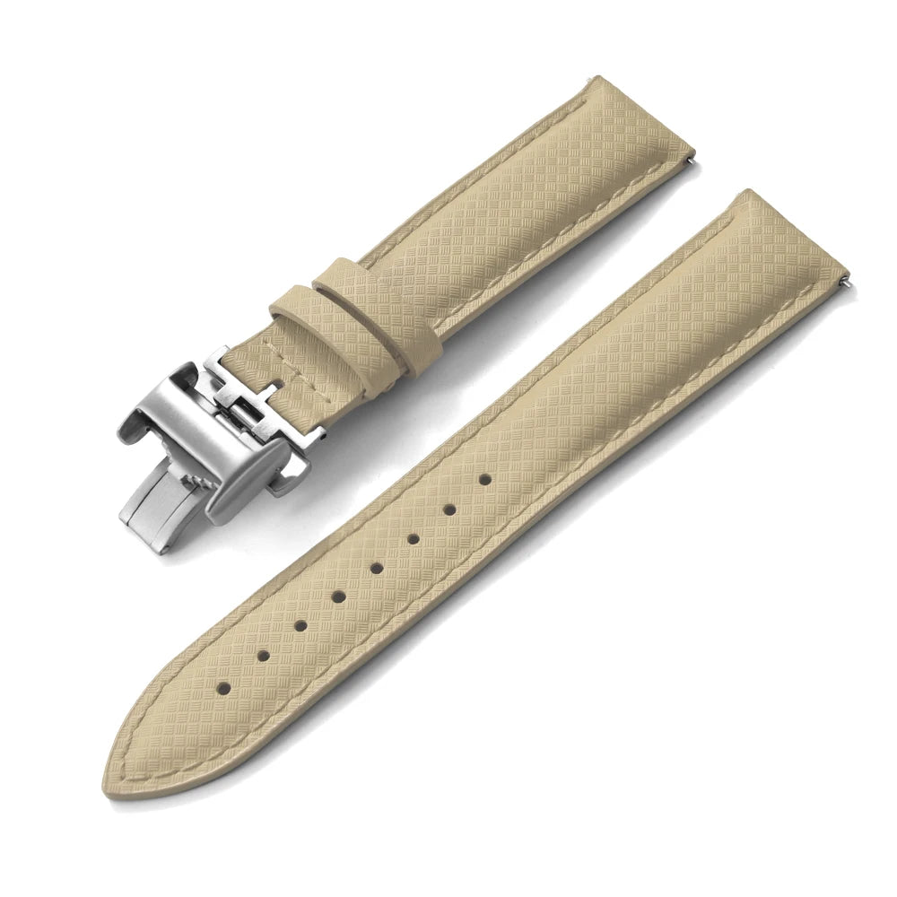 Beige Khaki Blue FKM Sailcloth-Style Quick Release Rubber Strap with Silver Deployment Clasp