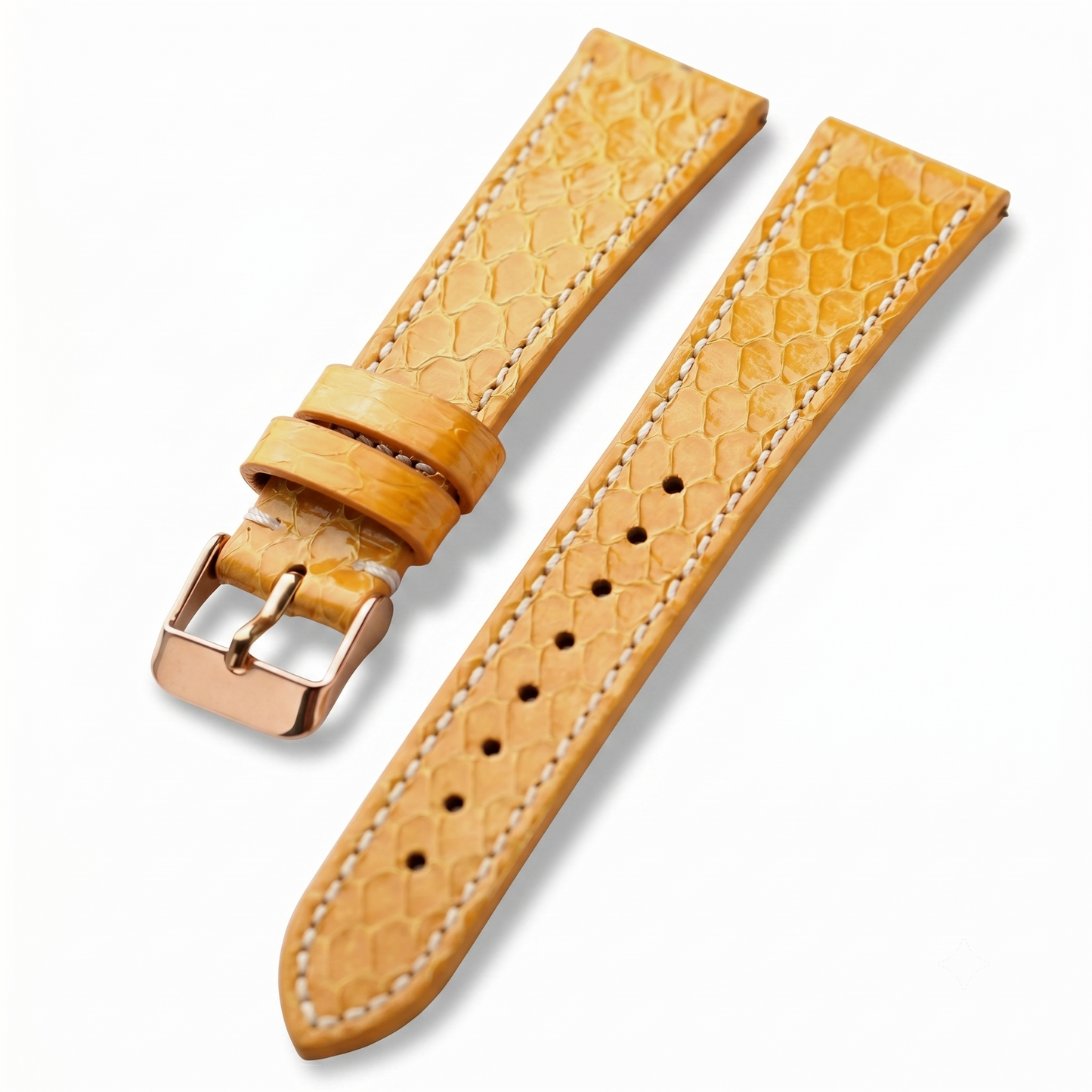 Python Snake Skin Yellow textured watch strap with rose gold buckle on a white background