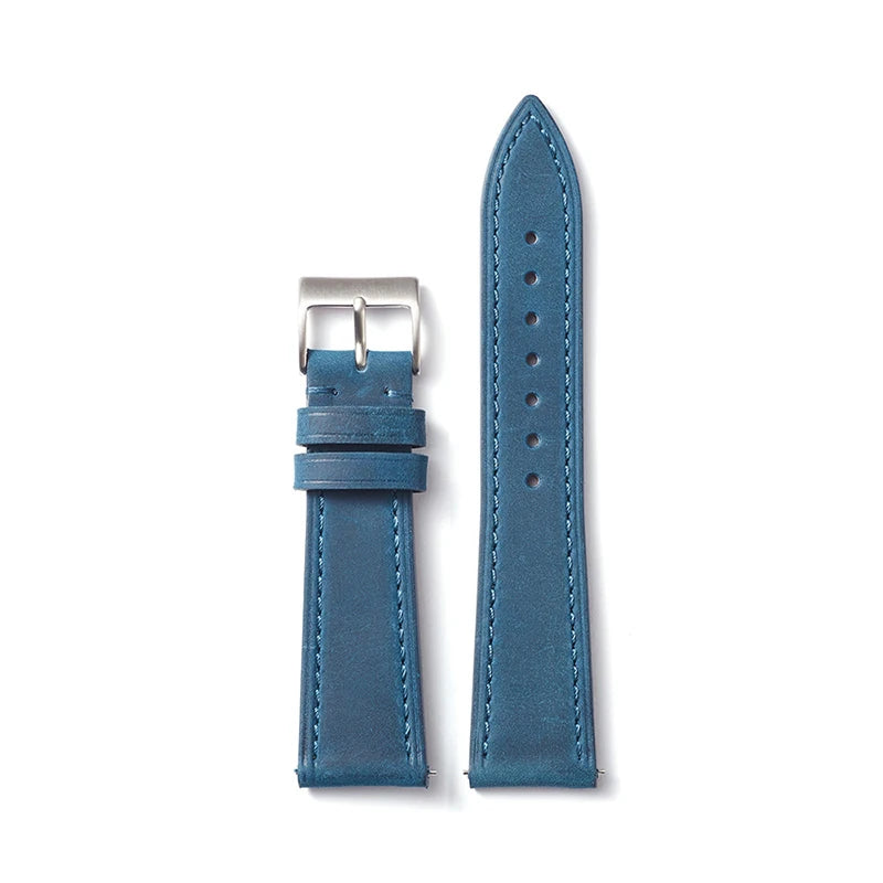 Blue Denim Classic Leather Watch Strap with Quick Release and Silver Buckle