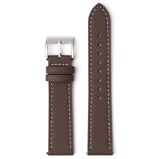 Classic Textured Leather Strap with Quick Release Pin Buckle Dark Brown with White Stitching