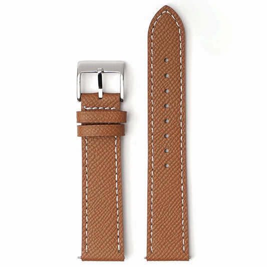 Classic Textured Leather Strap with Quick Release Pin Buckle Light Brown with White Stitching