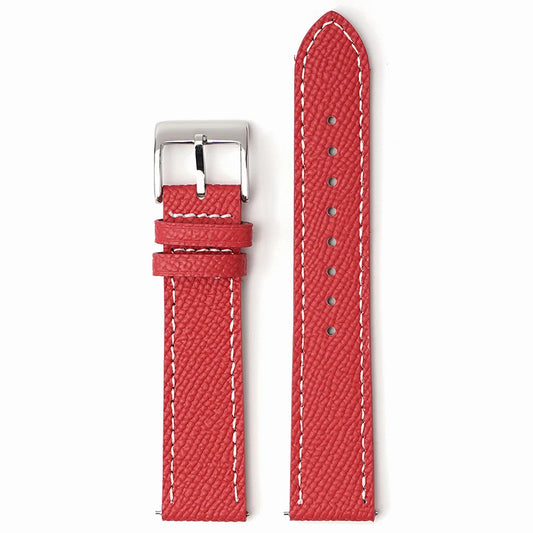 Classic Textured Leather Strap with Quick Release Pin Buckle Red with White Stitching
