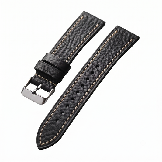 Genuine Italian Leather Watch Strap with Cream Stitching and Pin Buckle