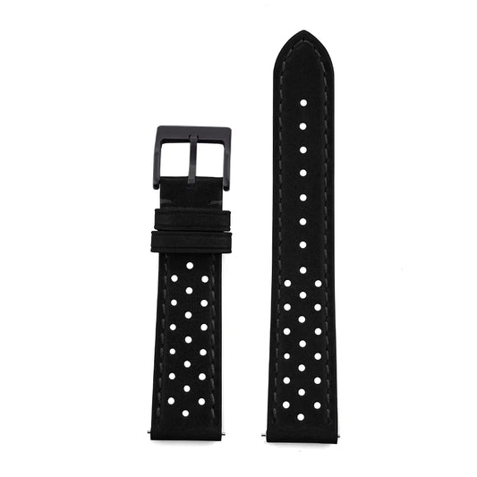 Genuine Cowhide Leather Racing Watch Strap with Quick Release Pin Buckle Black Black
