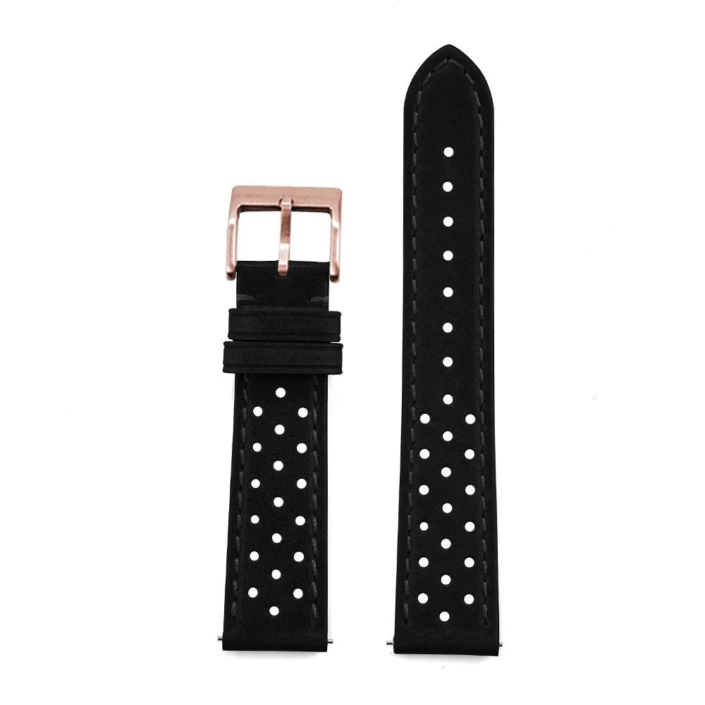 Genuine Cowhide Leather Racing Watch Strap with Quick Release Pin Buckle Black Rose Gold
