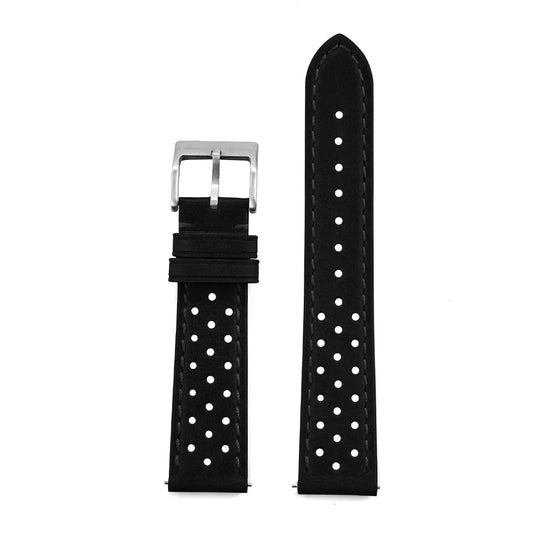 Genuine Cowhide Leather Racing Watch Strap with Quick Release Pin Buckle Black Silver Buckle