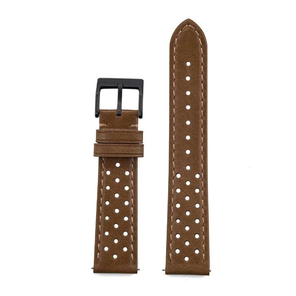 Genuine Cowhide Leather Racing Watch Strap with Quick Release Pin Buckle Brown Black