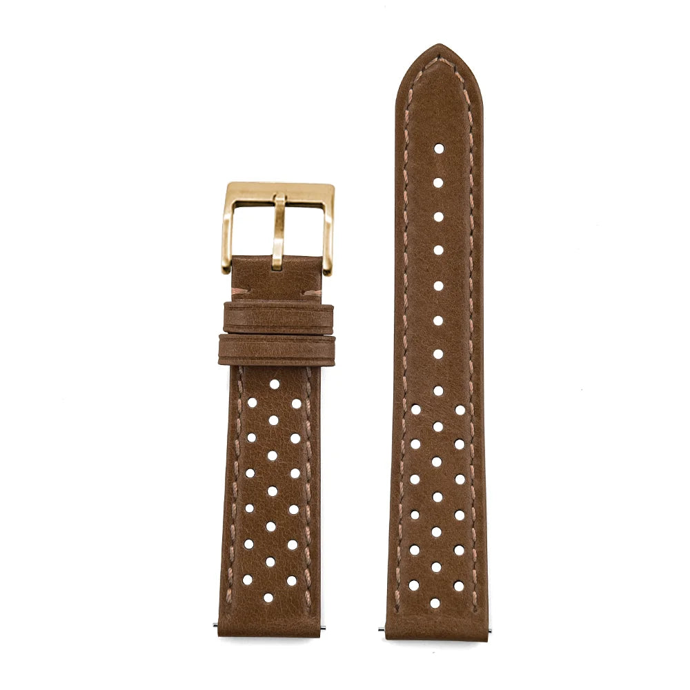 Genuine Cowhide Leather Racing Watch Strap with Quick Release Pin Buckle Brown Gold