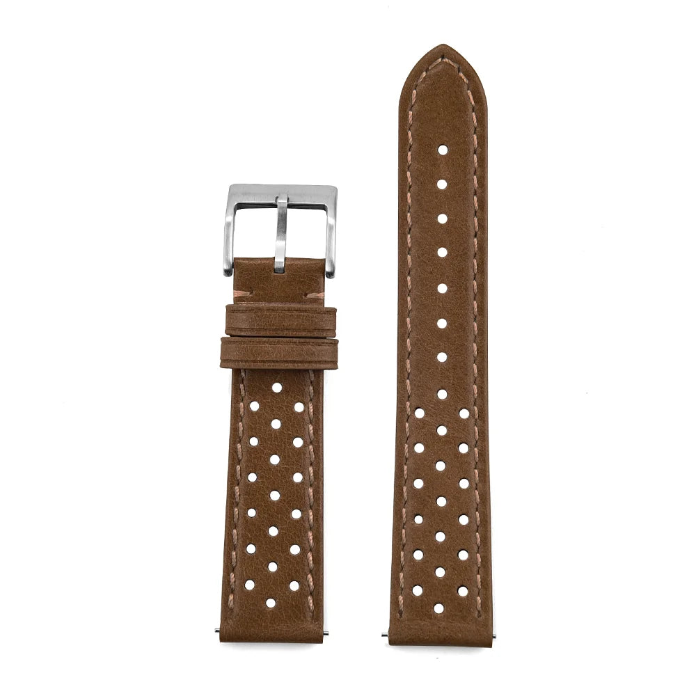 Genuine Cowhide Leather Racing Watch Strap with Quick Release Pin Buckle Brown Silver