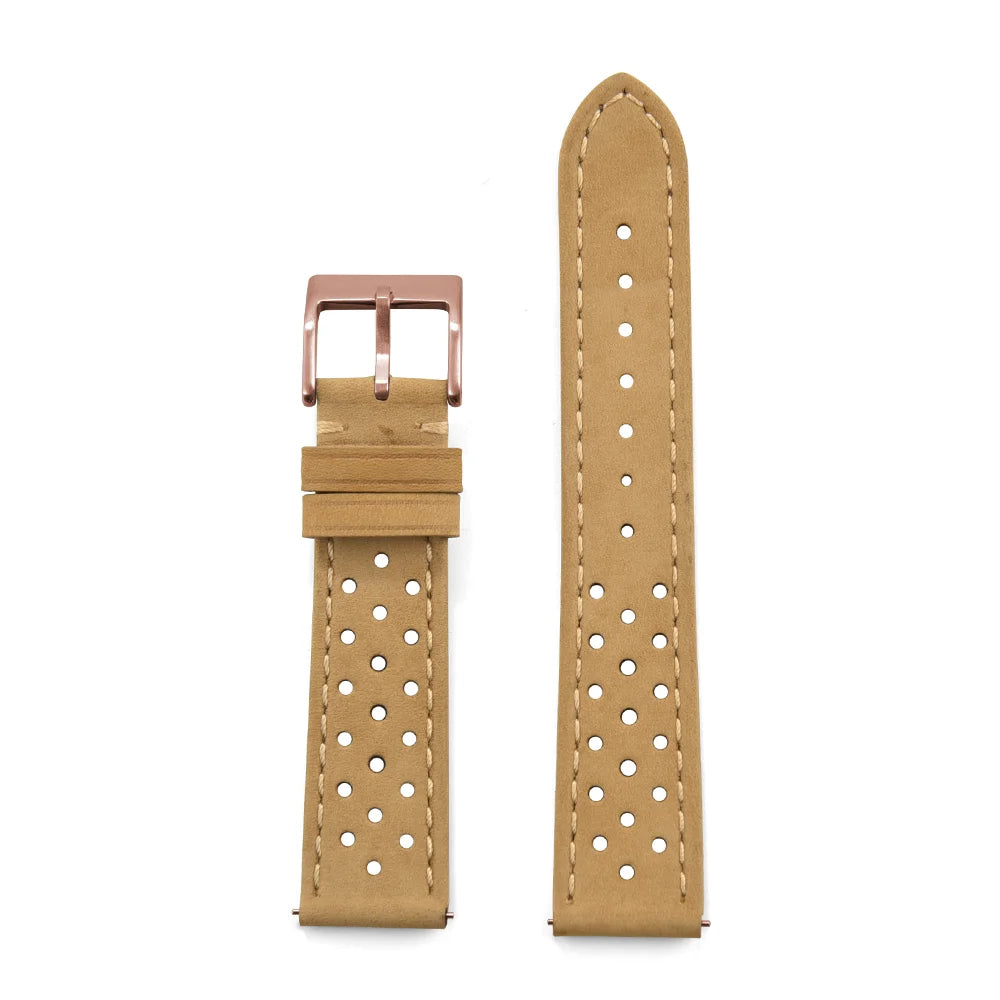 Genuine Cowhide Leather Racing Watch Strap with Quick Release Pin Buckle Sand Rose Gold