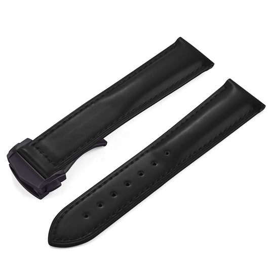 Genuine Cowhide Leather Watch Strap with Quick Release Deployment Clasp Black with Black Buckle