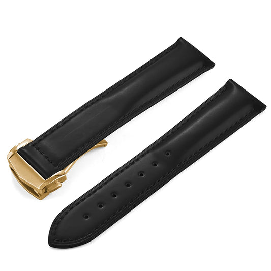 Genuine Cowhide Leather Watch Strap with Quick Release Deployment Clasp Black with Gold Buckle