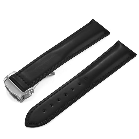 Genuine Cowhide Leather Watch Strap with Quick Release Deployment Clasp Black with Silver Buckle