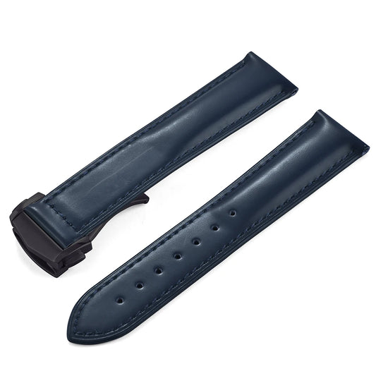 Genuine Cowhide Leather Watch Strap with Quick Release Deployment Clasp Blue with Black Buckle