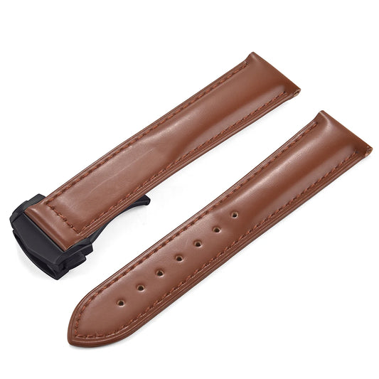 Genuine Cowhide Leather Watch Strap with Quick Release Deployment Clasp Brown with Black Buckle