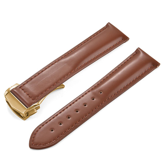 Genuine Cowhide Leather Watch Strap with Quick Release Deployment Clasp Brown with Gold Buckle