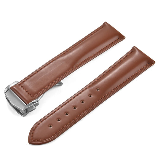 Genuine Cowhide Leather Watch Strap with Quick Release Deployment Clasp Brown with Silver Buckle