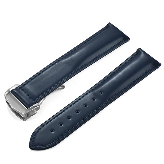 Genuine Cowhide Leather Watch Strap with Quick Release Deployment Clasp Dark Blue with Silver Buckle