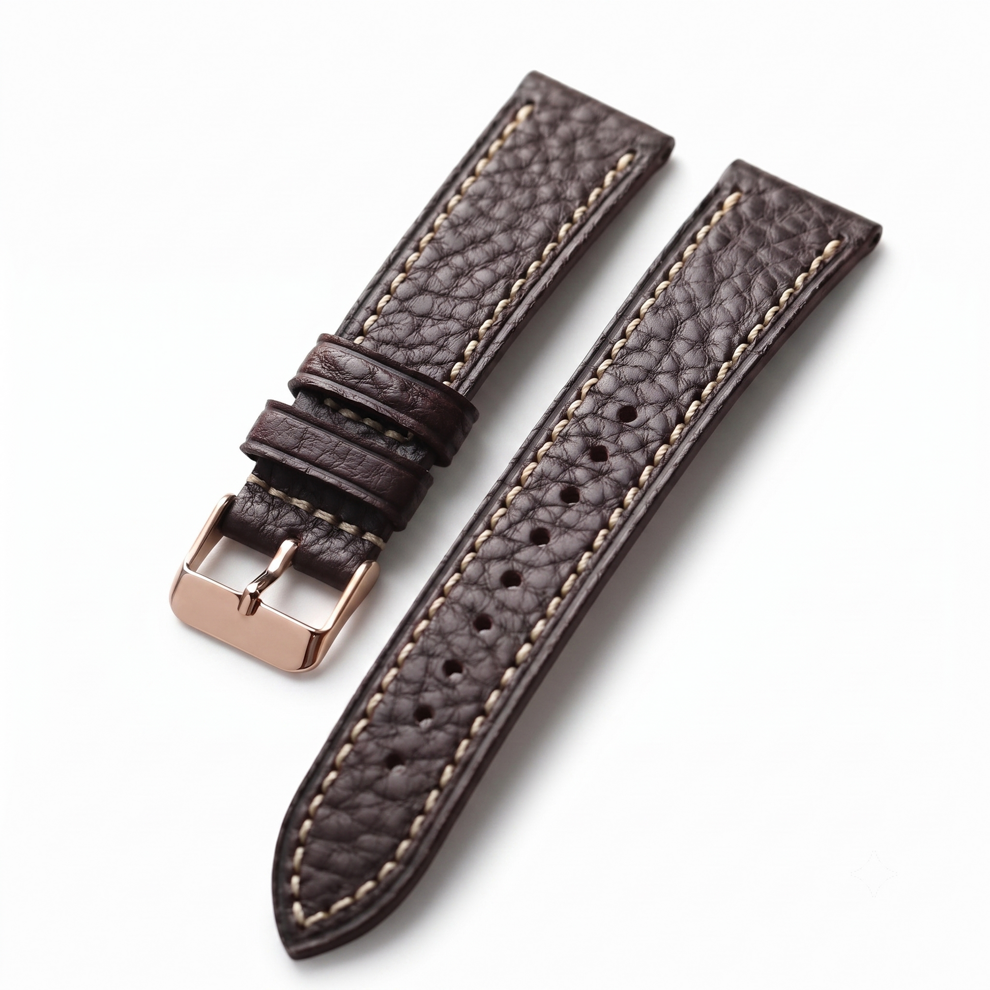 Brown leather watch strap with rose gold buckle on a white background