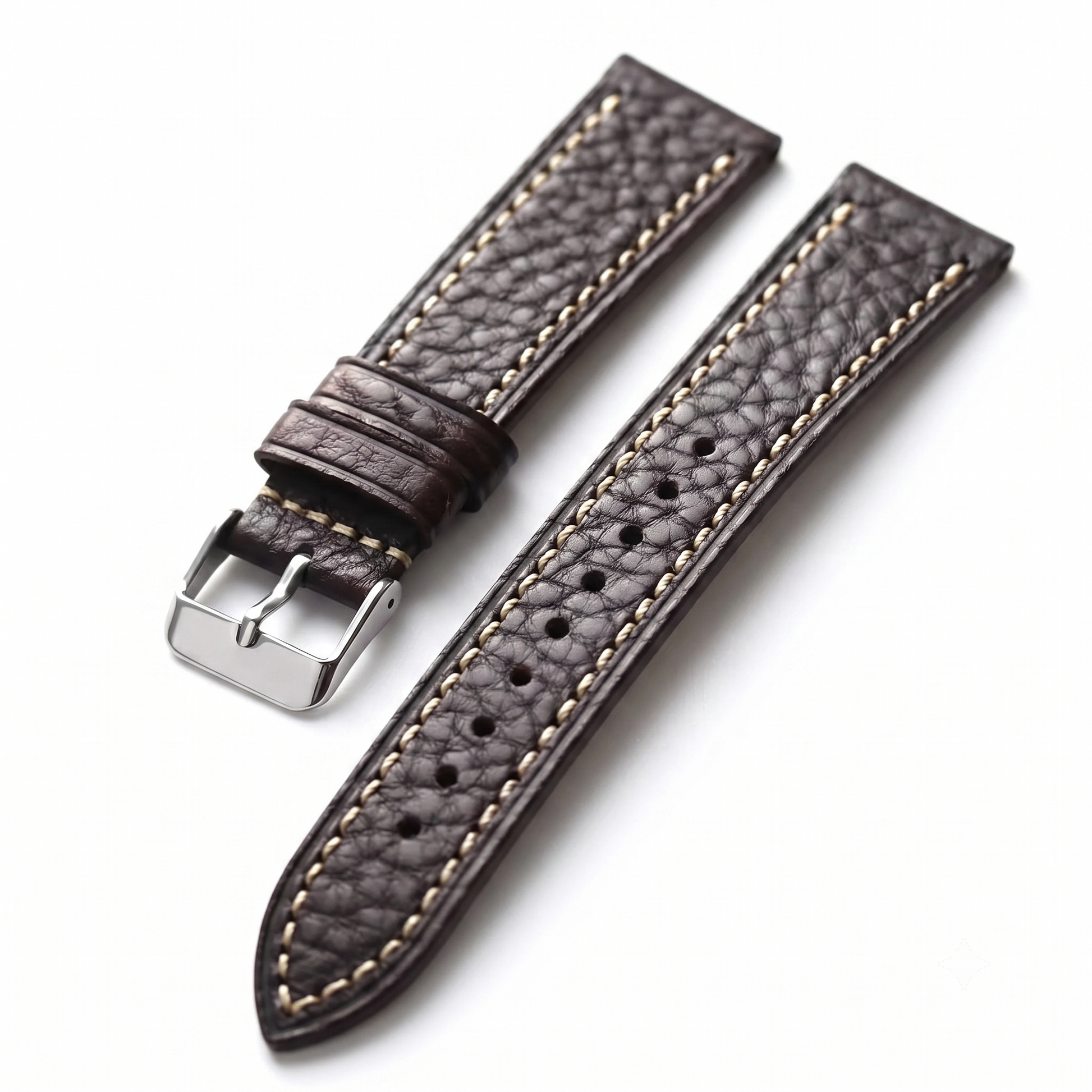 Brown leather watch strap with stitching detail on a white background