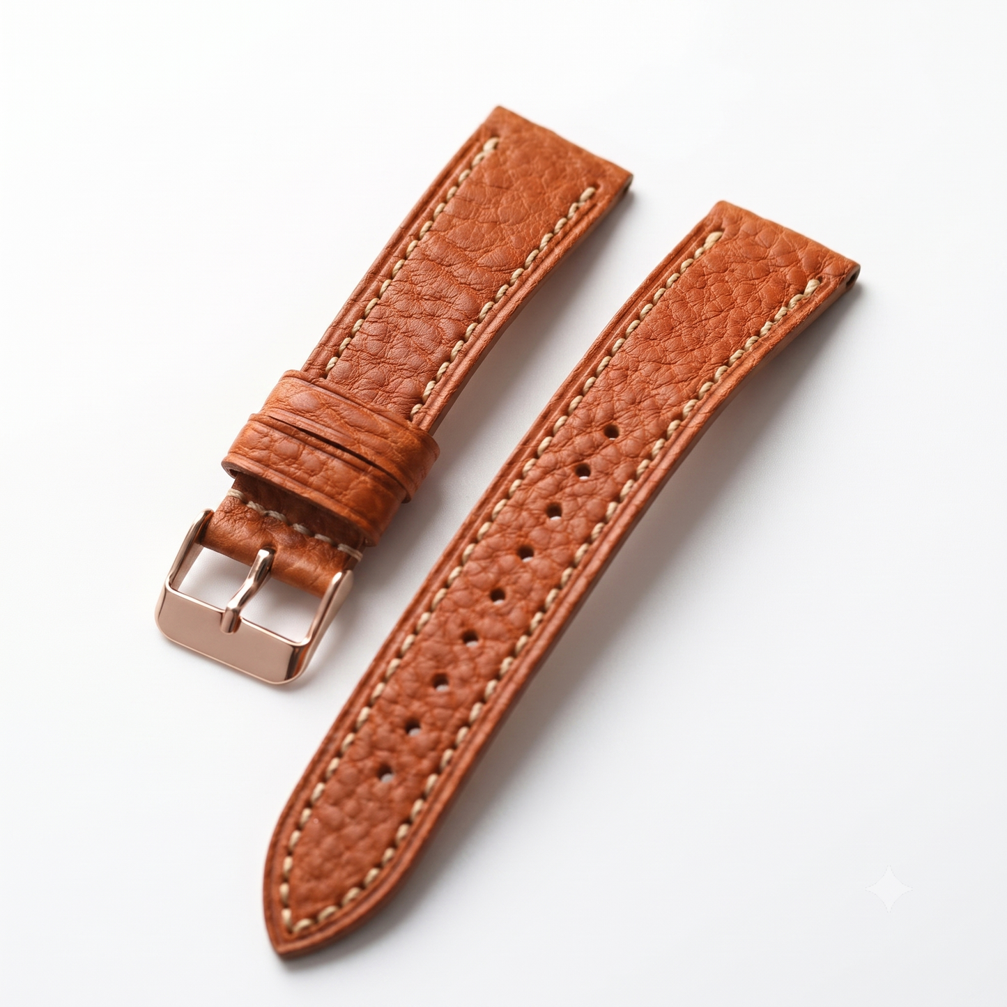 Brown leather watch strap with rose gold buckle on a white background
