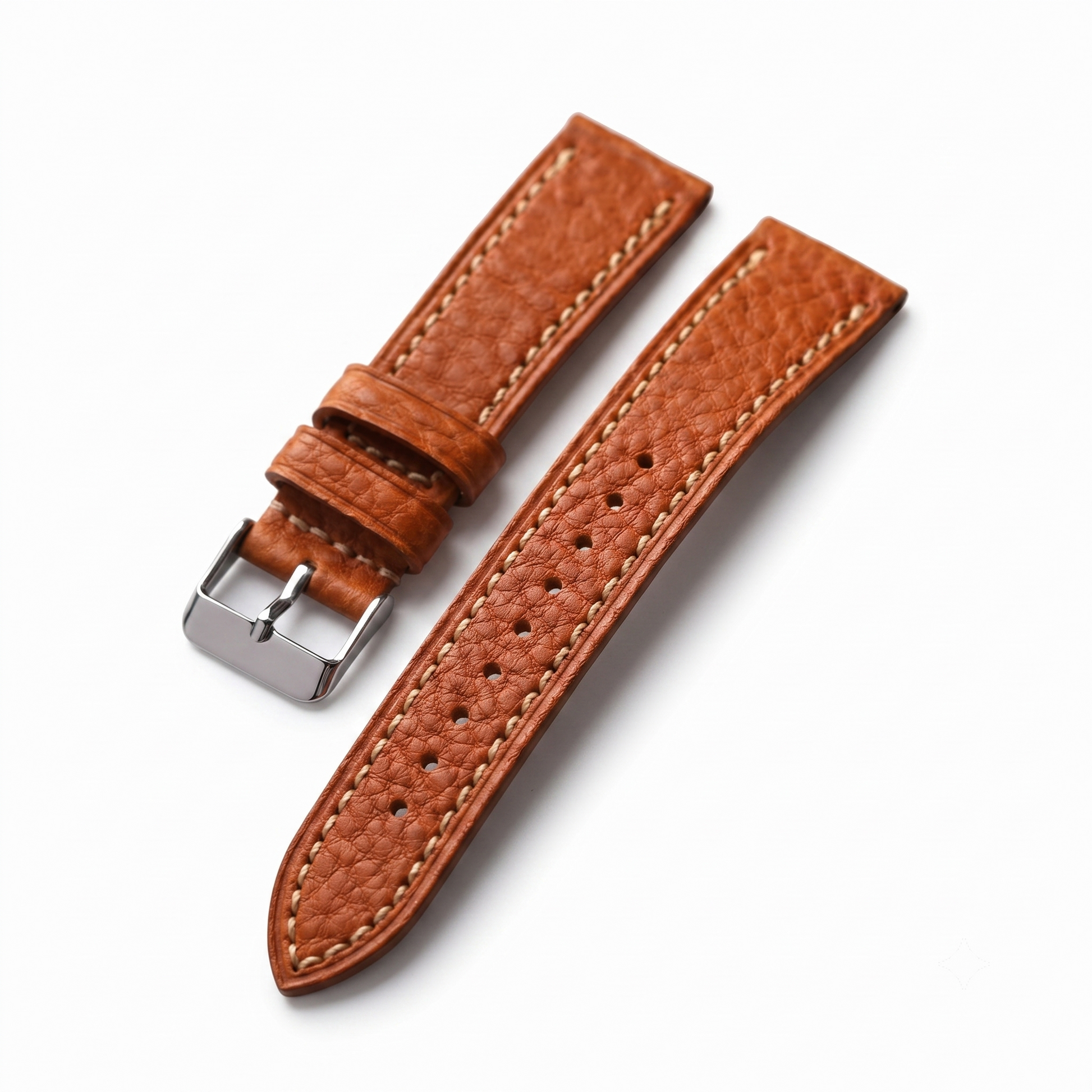Brown leather watch strap with silver buckle on a white background