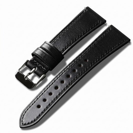 Black leather watch strap with silver buckle on a white background