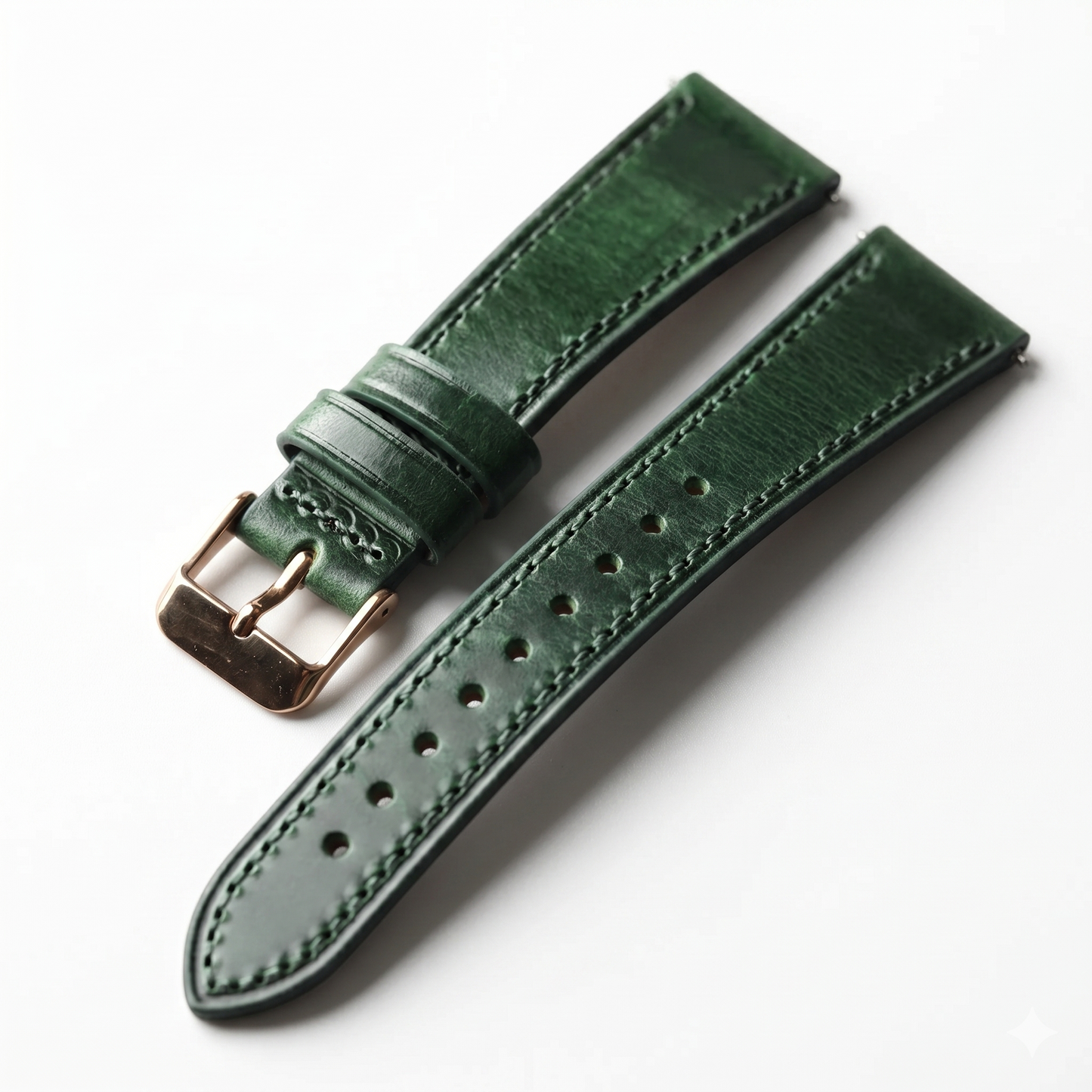Green leather watch strap with rose gold buckle on a white background