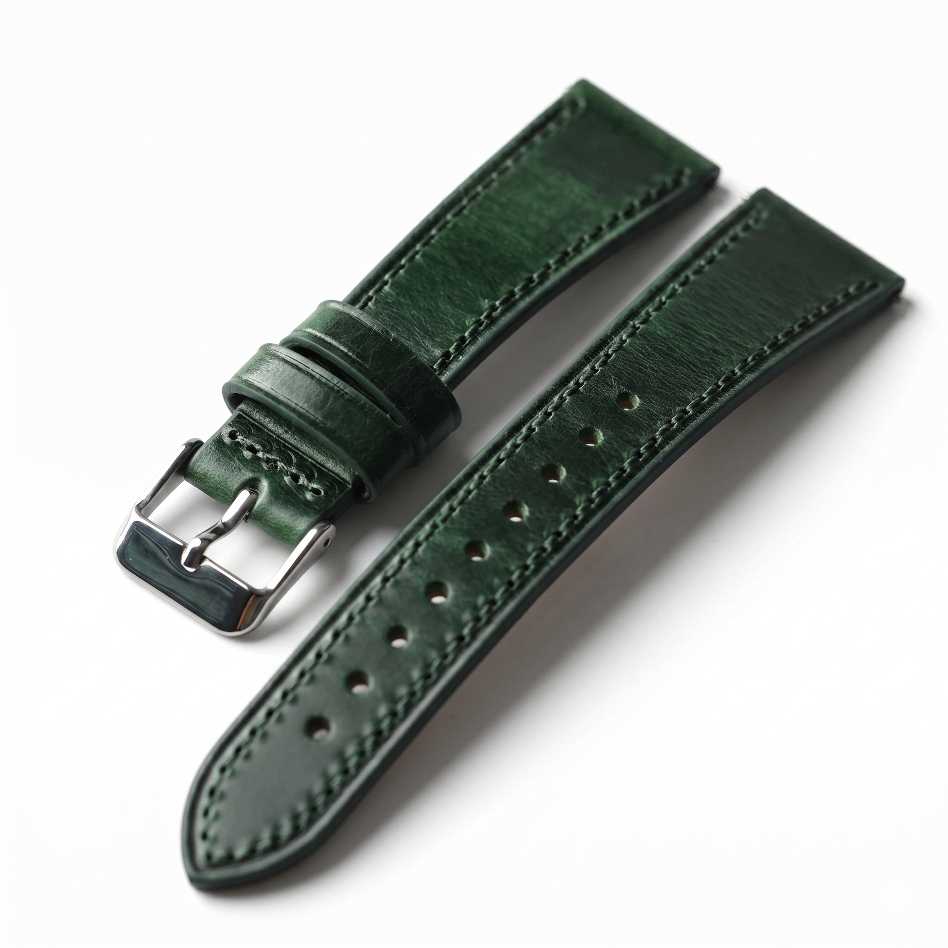 Green leather watch strap with silver buckle on a white background