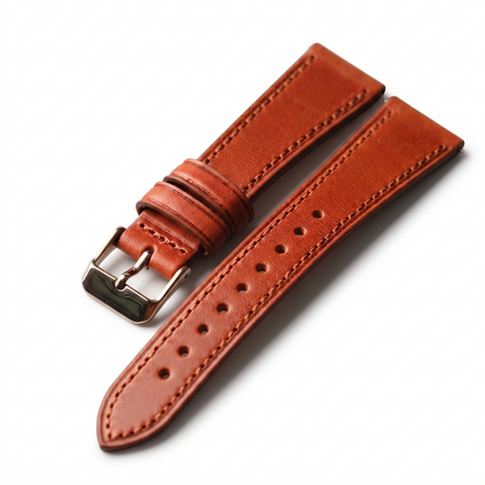 Brown leather watch strap with silver buckle on a white background