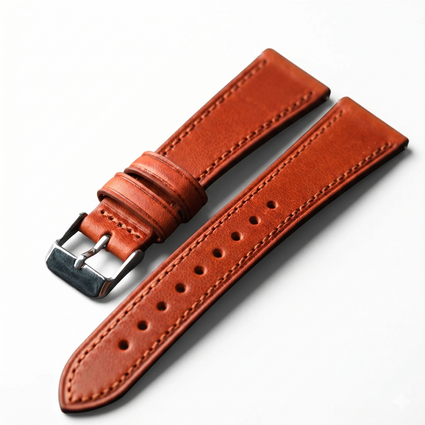 Brown leather watch strap with silver buckle on a white background