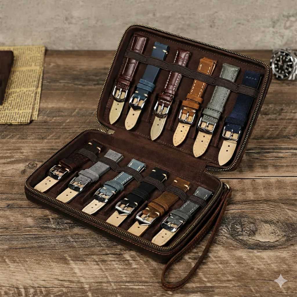 Leather Watch Strap Storage Case with Velvet Interior — 12 Straps