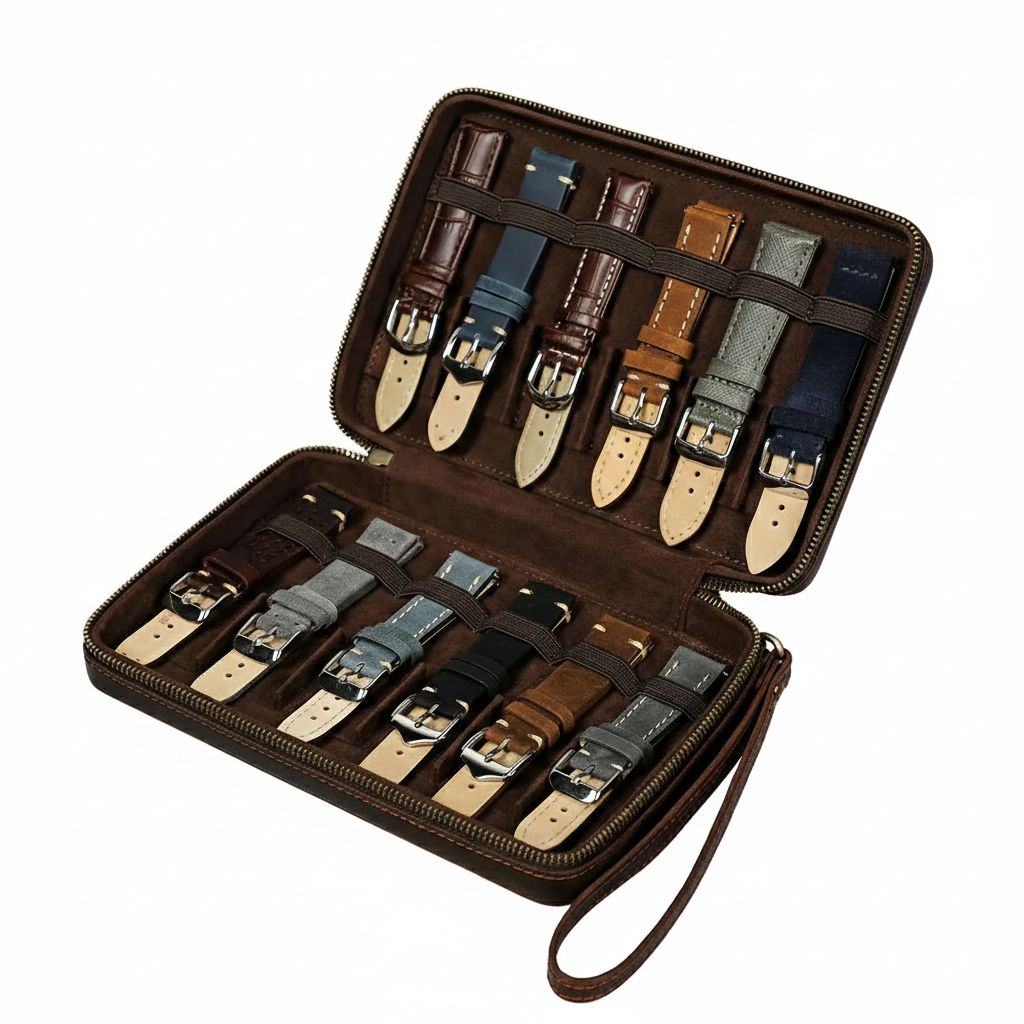 Leather Watch Strap Storage Case with Velvet Interior — 12 Straps
