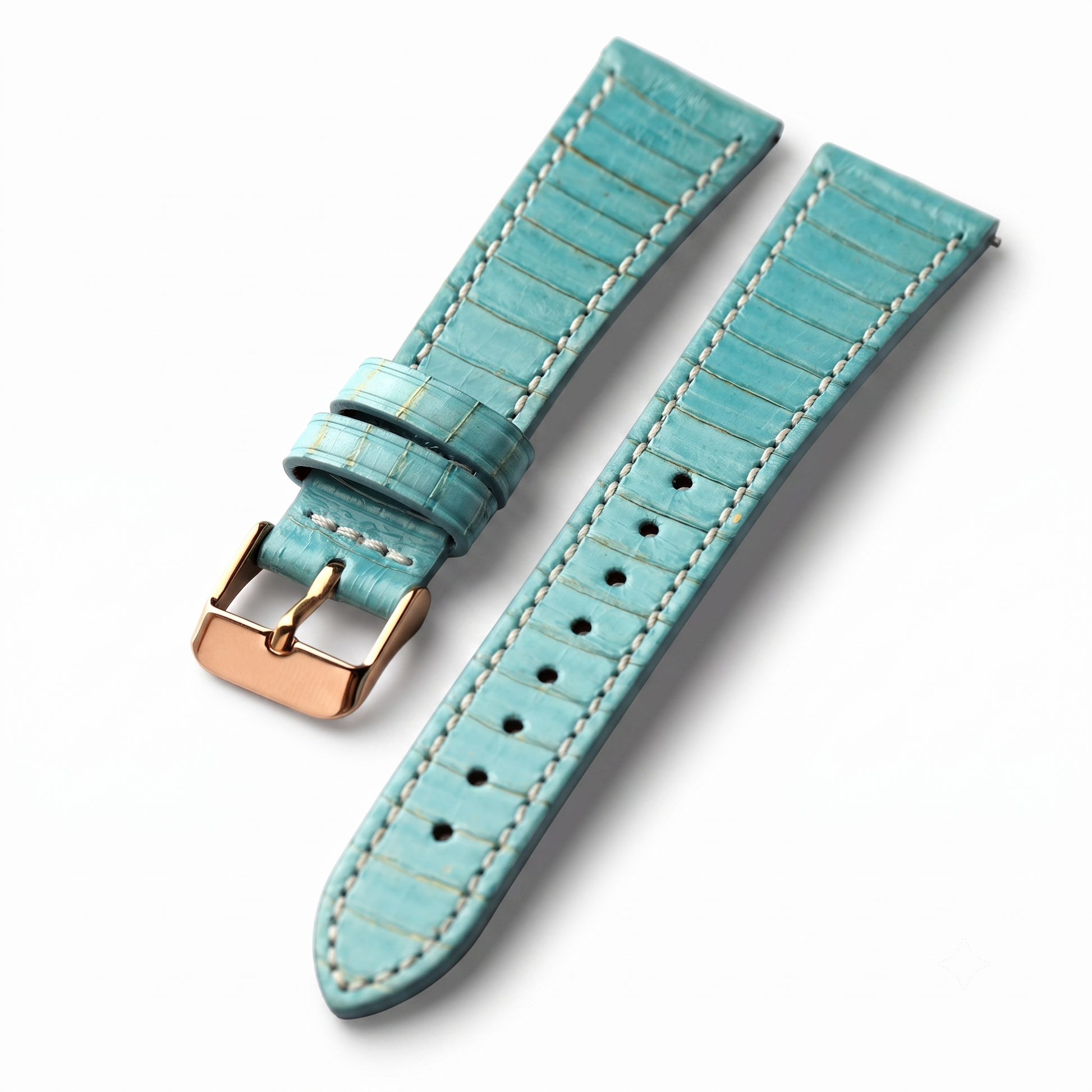 A turquoise crocodile-embossed leather watch strap with light beige stitching and a rose gold buckle, displayed on a clean white background.