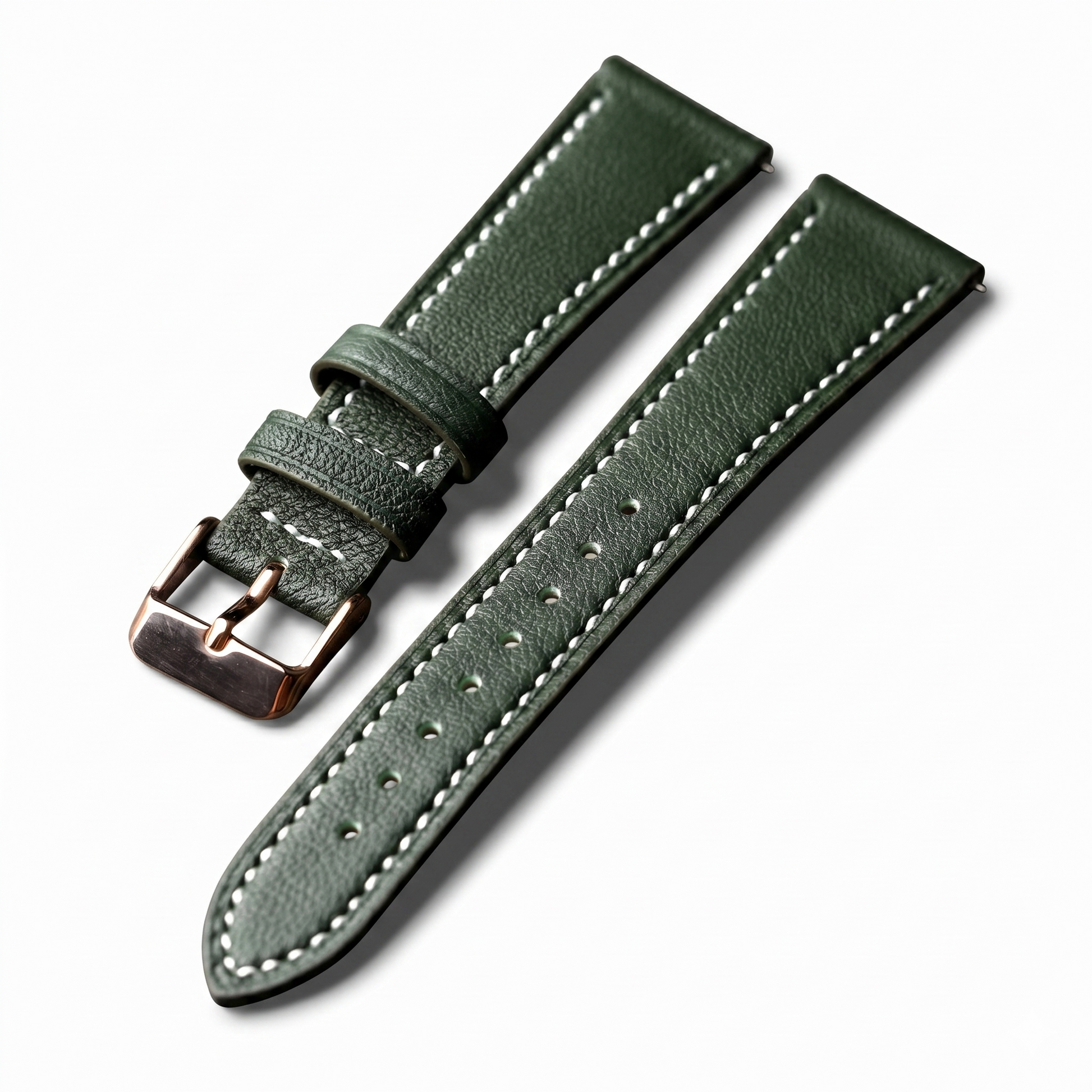 Green leather watch strap with rose gold buckle on a white background