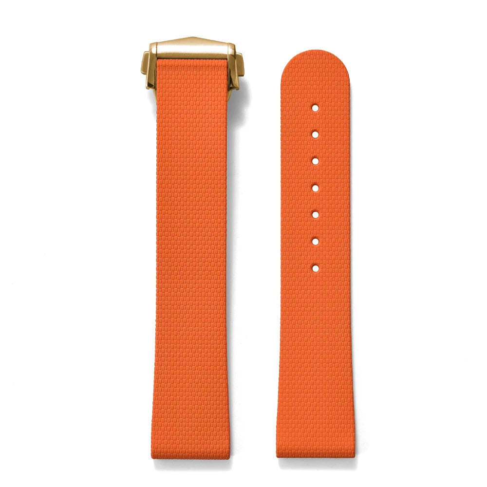 Premium Grade Soft Rubber Strap with Quick Release Deployment Clasp — Palette Colorway Orange with Gold Buckle