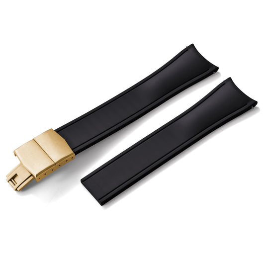 Premium Rubber CTS Curved Strap with Quick Release Butterfly Buckle Black with Gold Buckle