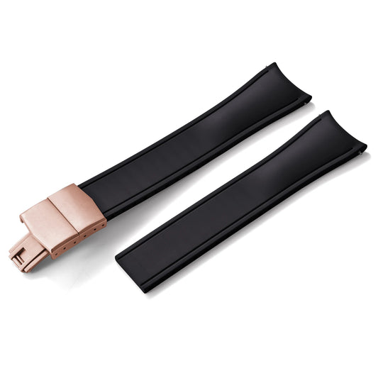 Premium Rubber CTS Curved Strap with Quick Release Butterfly Buckle Black with Rose Gold Buckle