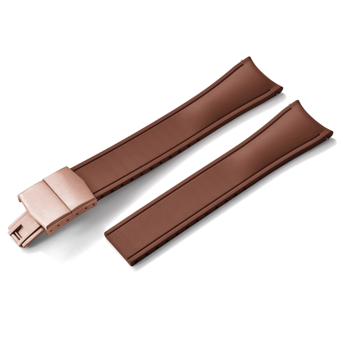 Premium Rubber CTS Curved Strap with Quick Release Butterfly Buckle Brown with Rose Gold Buckle 