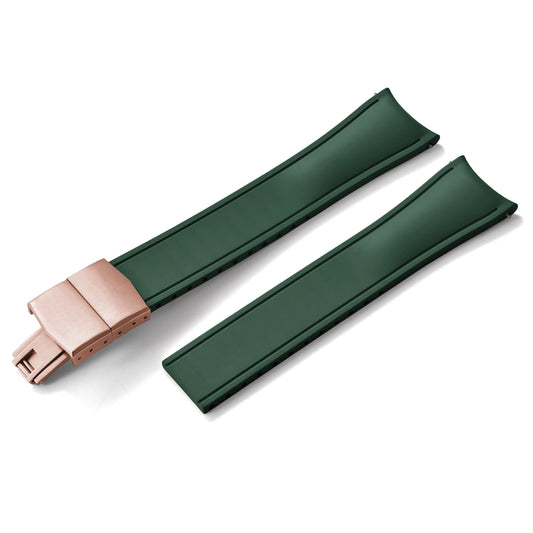 Premium Rubber CTS Curved Strap with Quick Release Butterfly Buckle Forest Green with Rose Gold Buckle