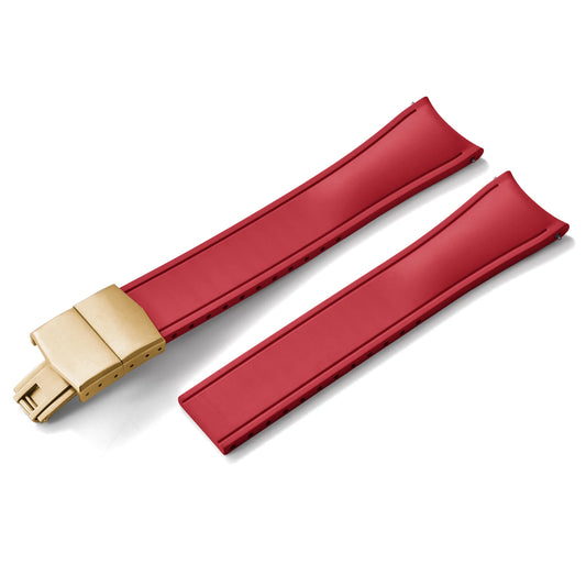 Premium Rubber CTS Curved Strap with Quick Release Butterfly Buckle Red with Gold Buckle
