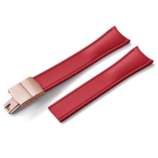 Premium Rubber CTS Curved Strap with Quick Release Butterfly Buckle Red with Rose Gold Buckle