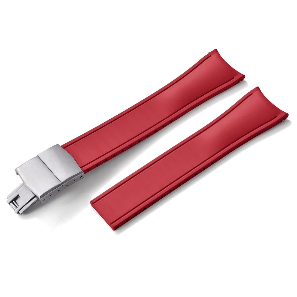 Premium Rubber CTS Curved Strap with Quick Release Butterfly Buckle Red with Silver Buckle