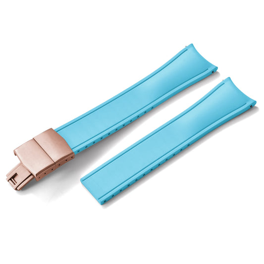 Premium Rubber CTS Curved Strap with Quick Release Butterfly Buckle Sky Blue with Rose Gold Buckle