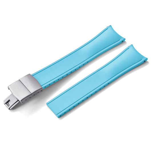 Premium Rubber CTS Curved Strap with Quick Release Butterfly Buckle Sky Blue with Silver Buckle