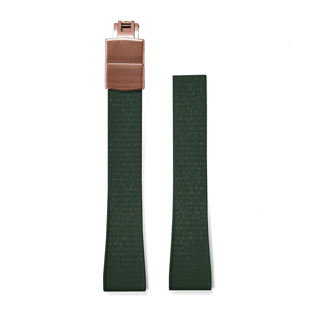 Premium Rubber CTS Mosaic Strap with Quick Release Butterfly Buckle Forest Green Strap Rose Gold Buckle