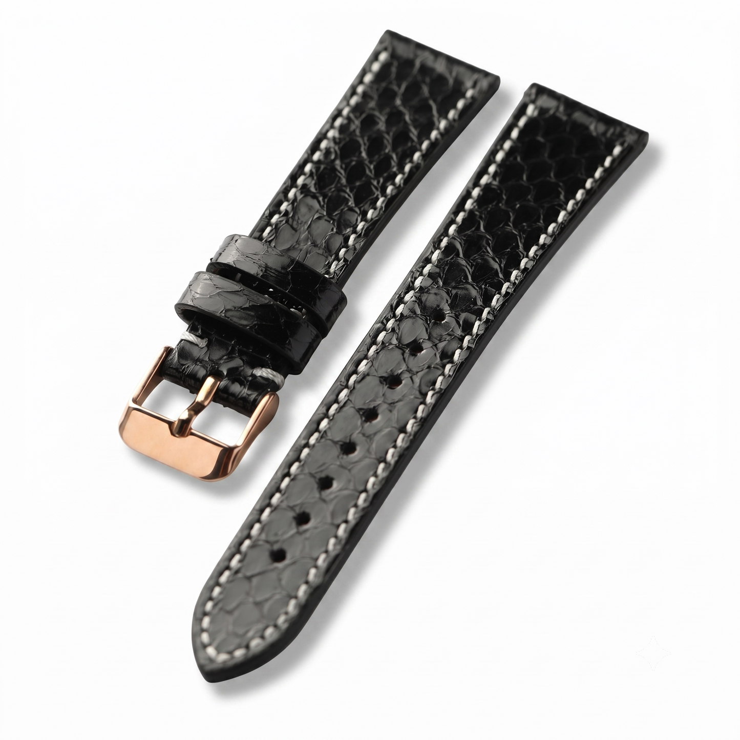 Python Snake Skin Black textured watch strap with rose gold buckle on a white background