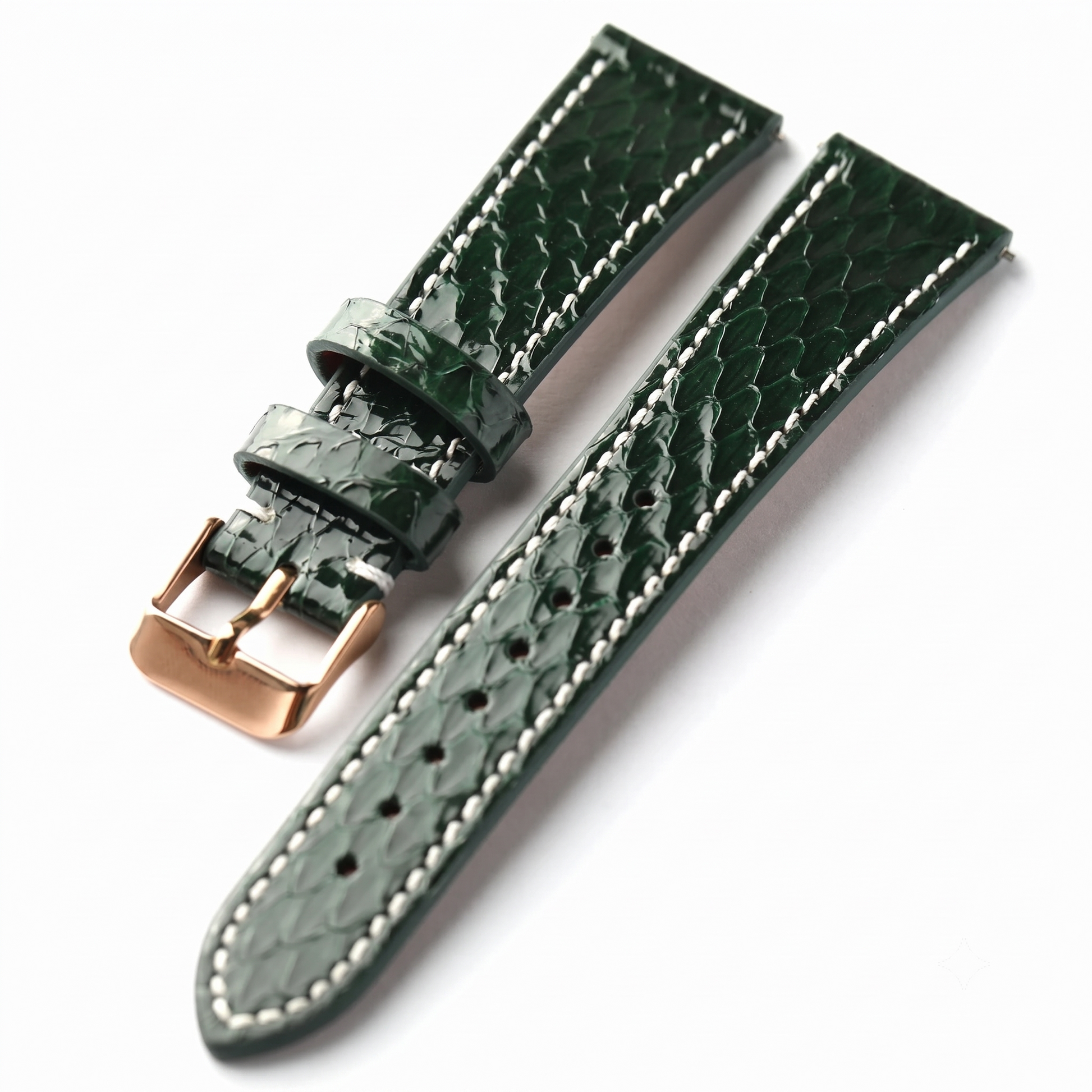Python Snake Skin Green leather watch strap with rose gold buckle on a white background