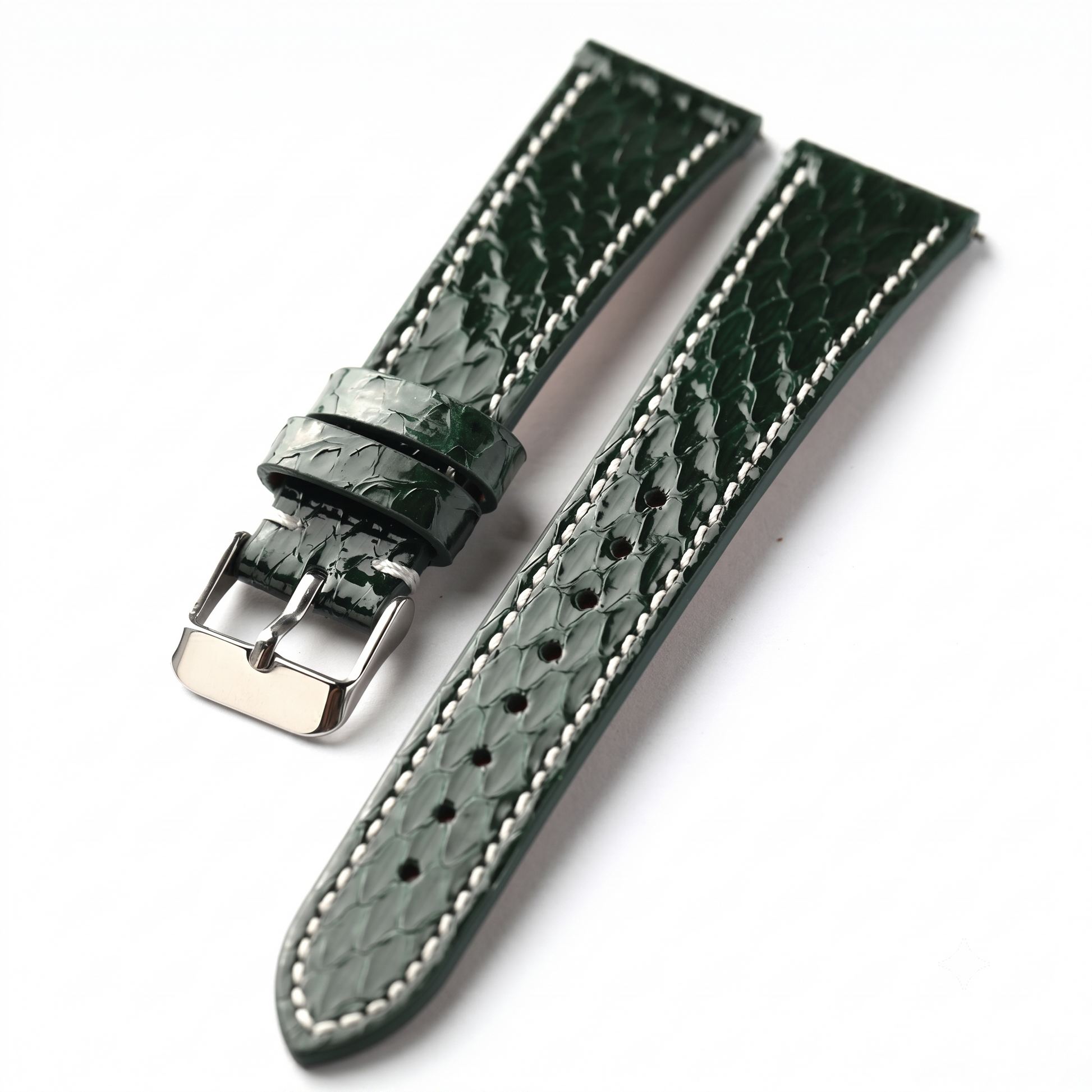 Python Snake Skin Green textured watch strap with silver buckle on a white background
