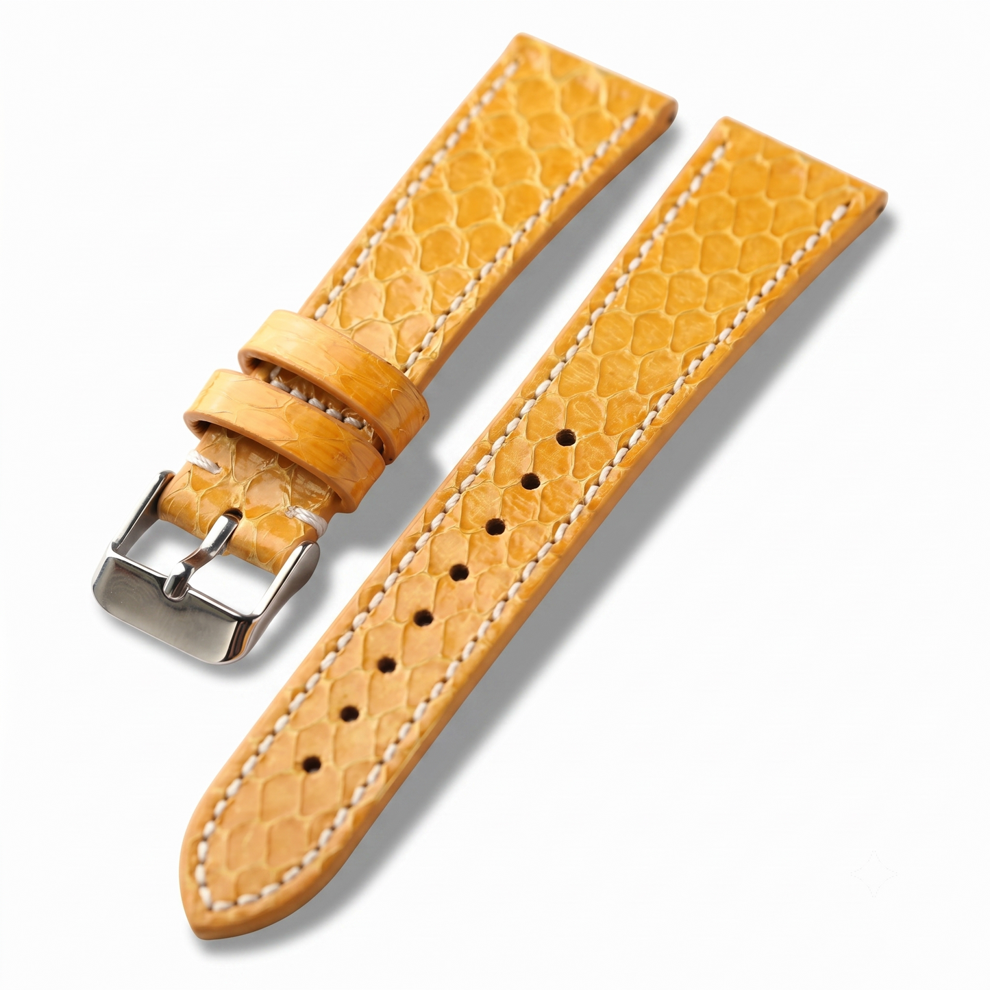 Python Snake Skin Yellow watch strap with silver buckle on a white background